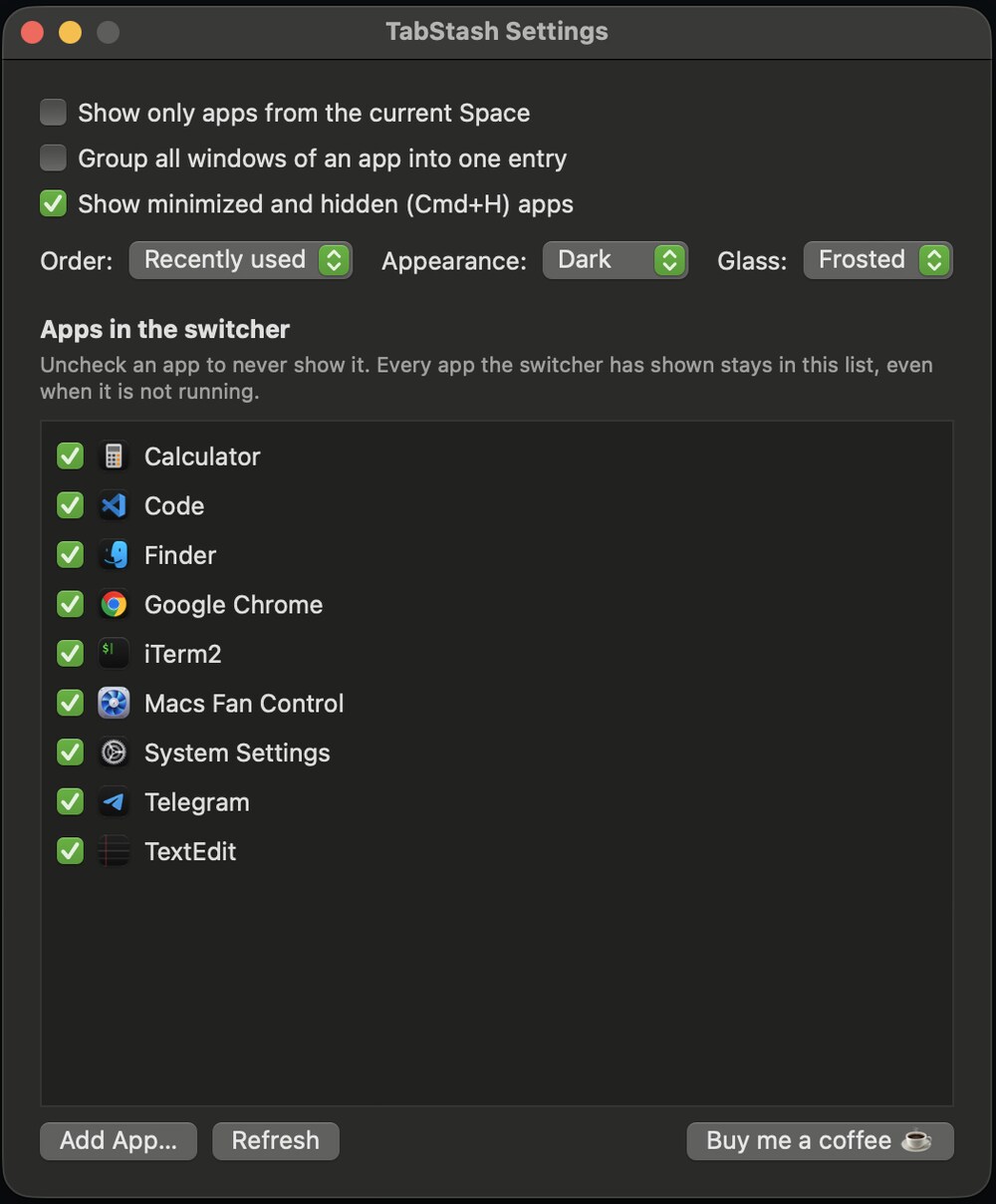 TabStash settings: checkboxes for Space filtering, grouping and hidden apps, Order, Appearance and Glass menus, and the list of apps in the switcher.