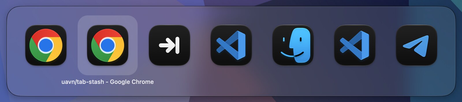 The TabStash switcher: a row of app icons over the desktop, one highlighted with its window title underneath.